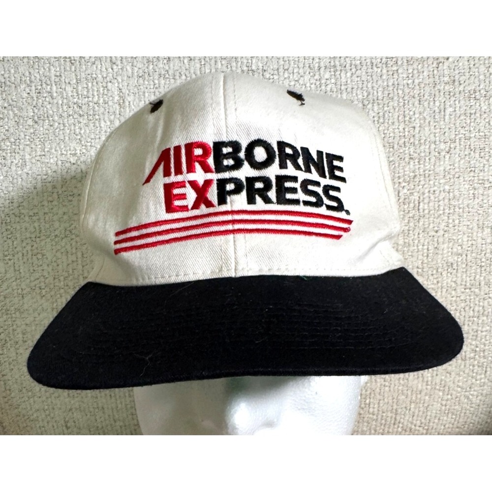 Vintage 1980s‎ AIRBORNE EXPRESS Adjustable Trucker Hat White Cotton Black Bill